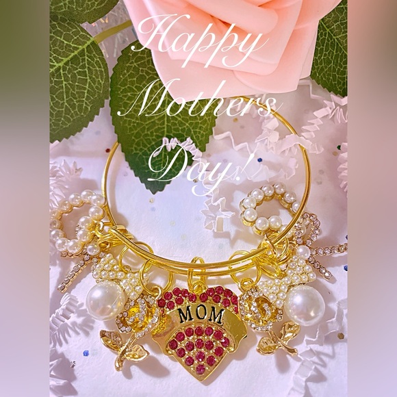 Fuchsia and Gold Charm Bracelet with Pearls - Picture 1 of 5